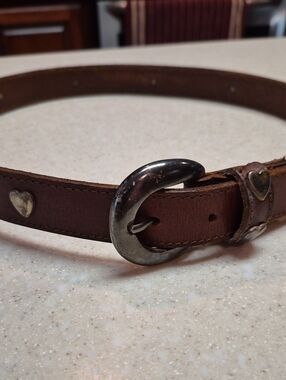 70s Brown Leather Belt with Heart Studs and Antique Brass Buckle 33